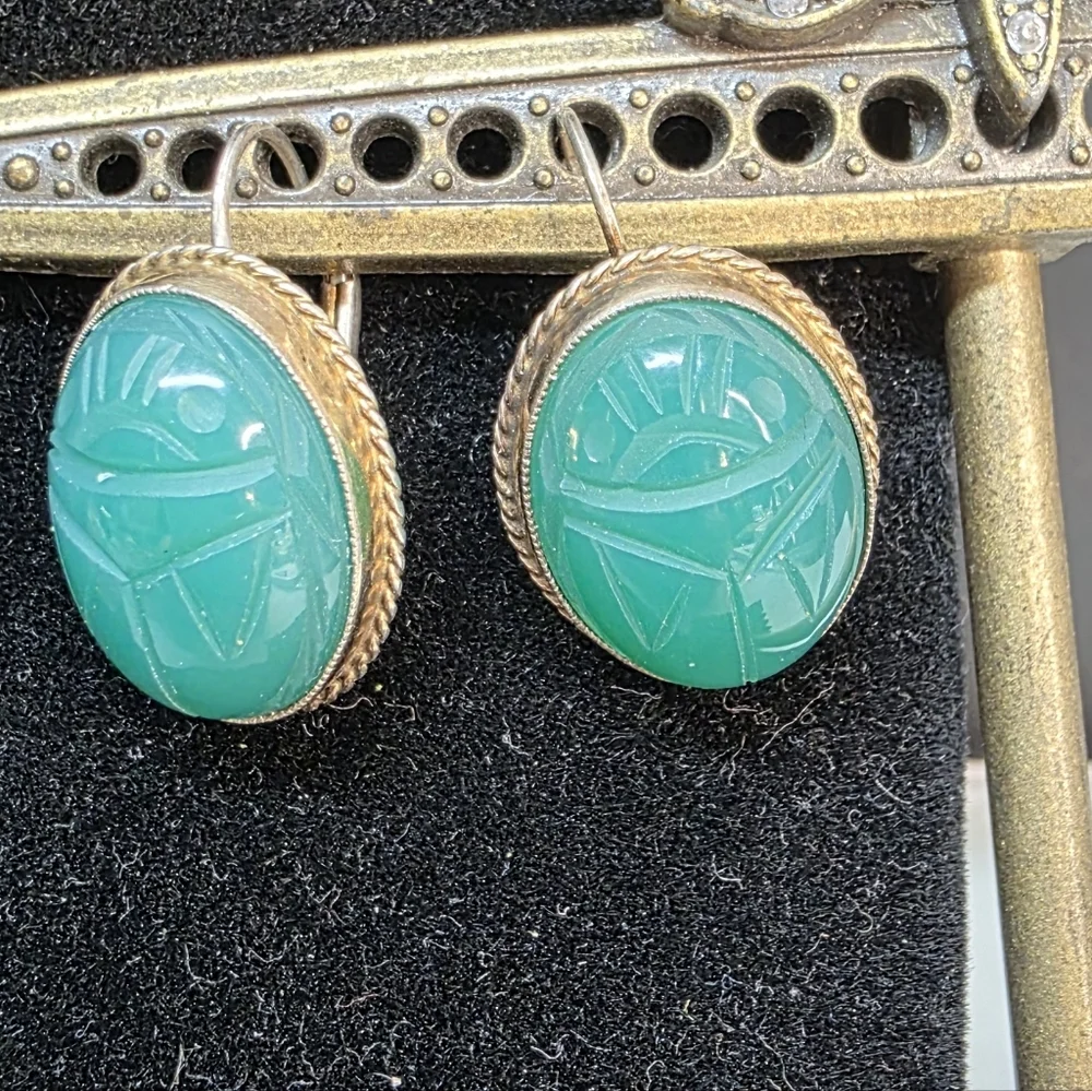 Sterling Silver Green Chalcedony Earrings | 1/20 14K Gold Fill | Carved Scarab - Picture 1 of 6